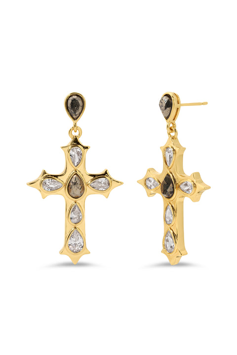 Pyrite Gothic Cross Drop Earrings
