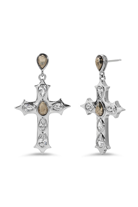Pyrite Gothic Cross Drop Earrings